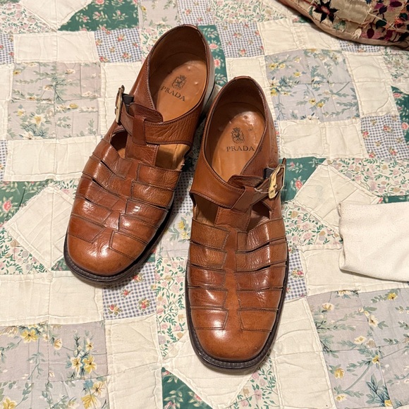 Prada Men's Tan Leather Buckle Loafers